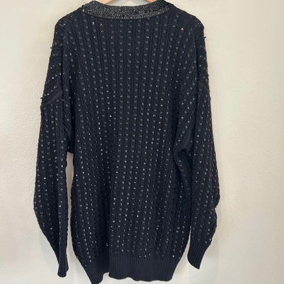 Classiques Entier Sweater Sequin Black Vintage Oversized SZL V-Neck Holiday - Picture 5 of 9